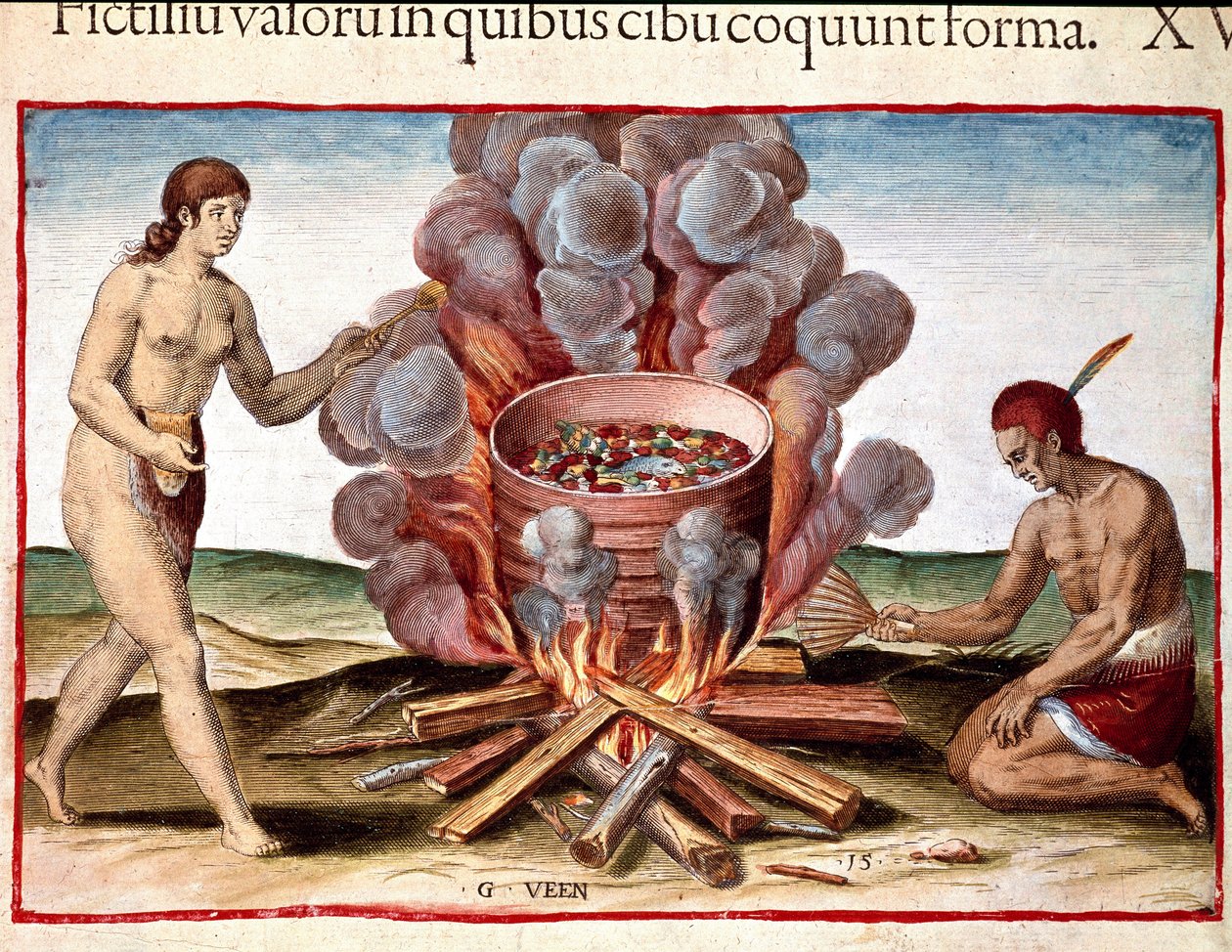 Historie Ameriky: „Indické vaření ryb“ rytina z „Obdivuhodného příběhu Ameriky“ od Theodora de Bry (1528-1598) od Theodore de Bry