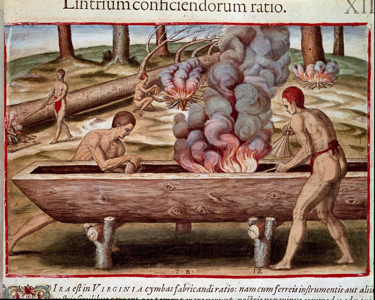Historie Ameriky: „Indiáni staví čluny““ Rytina z „Admirante Narratio Americae“ od Theodora de Bry (1528-1598) od Theodore de Bry