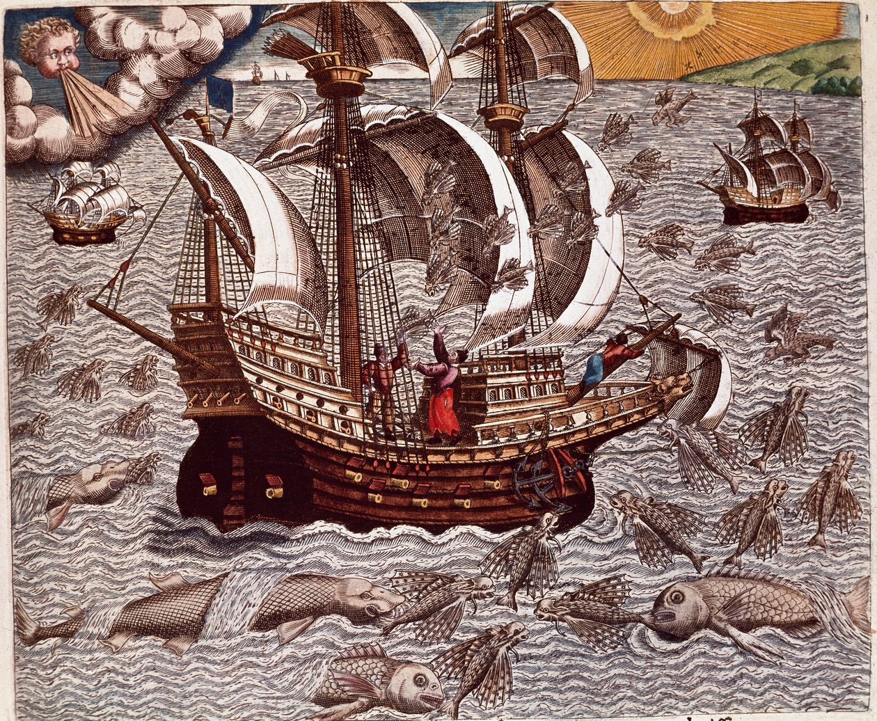 Historie Ameriky: „“Cesta španělských karavel obklopená létajícími rybami““ Výmluva o plavbách Hanse Stadena, německého průzkumníka, který odešel se španělskými flotilami do Brazílie, zajat indiány Tupinamba. Rytina z „Americae tertia pars memorabi od Theodore de Bry