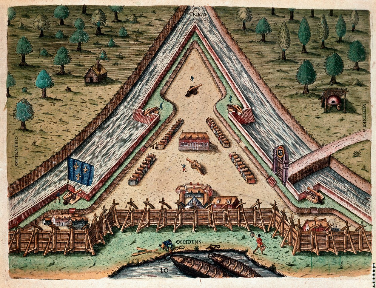 Historie Ameriky: „Život Fort Carolina, Bastion of Carolina“ „Rytina z „Admirante Narratio Americae““ od Theodora de Bry (1528-1598) podle kresby Jacques le Moyne (de Morgues) (1533-1588) od Theodore de Bry