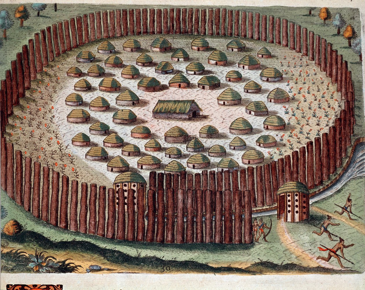 Historie Ameriky: „“ Reprezentace indiánské vesnice opevněné na Floridě““ Rytina z „“ Admirante Narratio Americae““ od Theodora de Bry (1528-1598) od Theodore de Bry