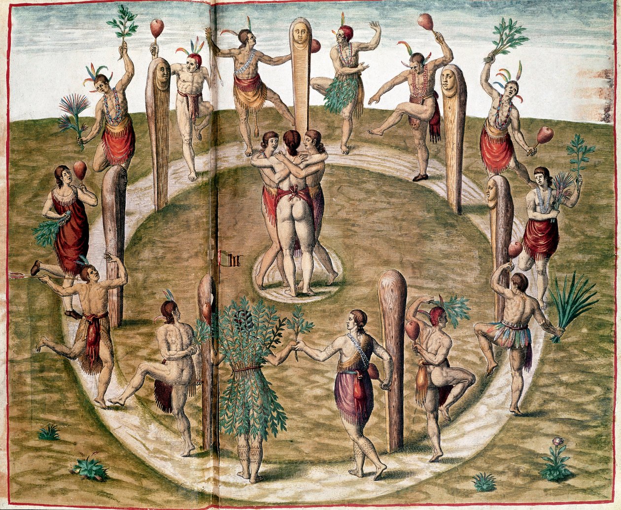 Historie Ameriky: „“Rituální tanec k oslavě přátelství”” rytina Theodora de Bry (1528-1598). Vincennes ze 16. století, historické muzeum námořnictva od Theodore de Bry
