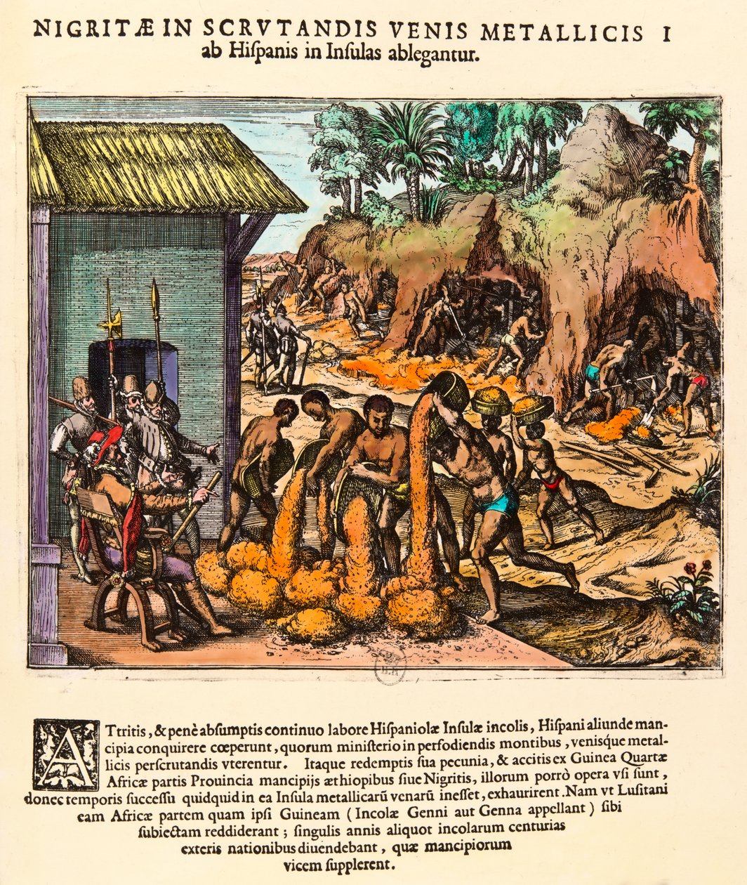 Dějiny Ameriky: Španělé využívají zlaté doly. Indiáni pracují před očima osadníků. Rytina Theodora de Bry (1528-1598). 16. století Soukromá sbírka od Theodore de Bry