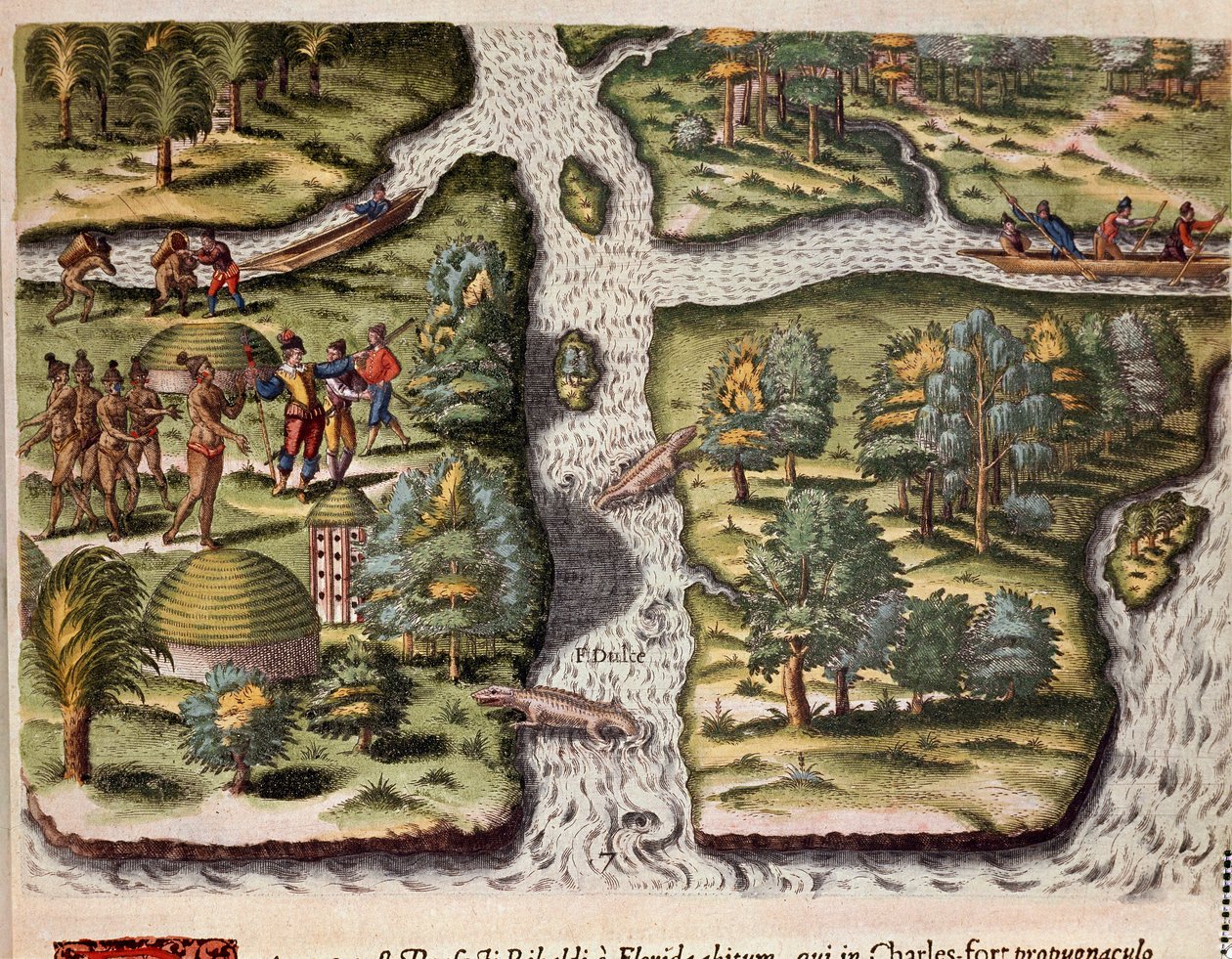 Historie Ameriky: „“ Francouzi z expedice Jeana Ribaulta (nebo Ribauta) usazení v Charlesfortu (Fort Carolina) poskytují potravu indiánům z Floridy, v řekách jsou zastoupeni aligátoři“““ Rytina z „Admirante Narratio Americae““ ( Historie o od Theodore de Bry