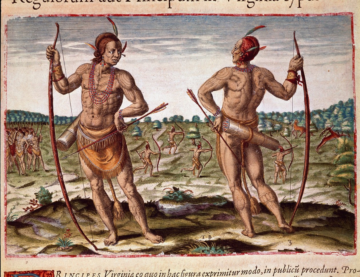 Historie Ameriky: „“ Dva obyvatelé Virginie, indiánské zbraně šípů a luk““ Rytina z „“ Admirante Narratio Americae““ od Theodora de Bry (1528-1598) od Theodore de Bry