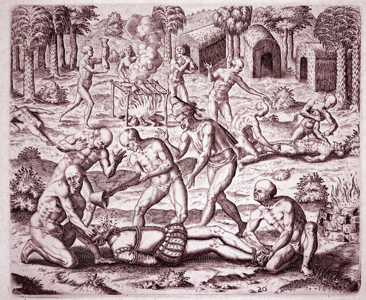 Historie Ameriky: popis mučení, které indiáni způsobovali španělským osadníkům, když jim nalévali zlato do úst a řezali jejich členy, aby je snědli (rytina od Theodore de Bry