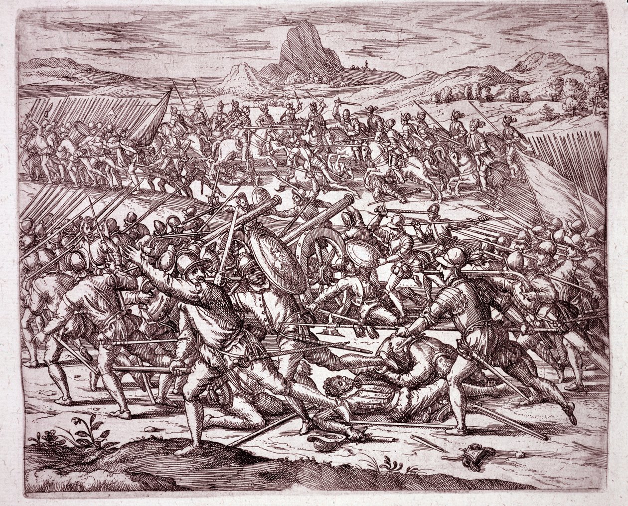 Historie Ameriky: boje mezi armádami Vaca de Castro a Almagro junior po smrti Francisca Pizarra a Diega de Almagro (rytina od Theodore de Bry