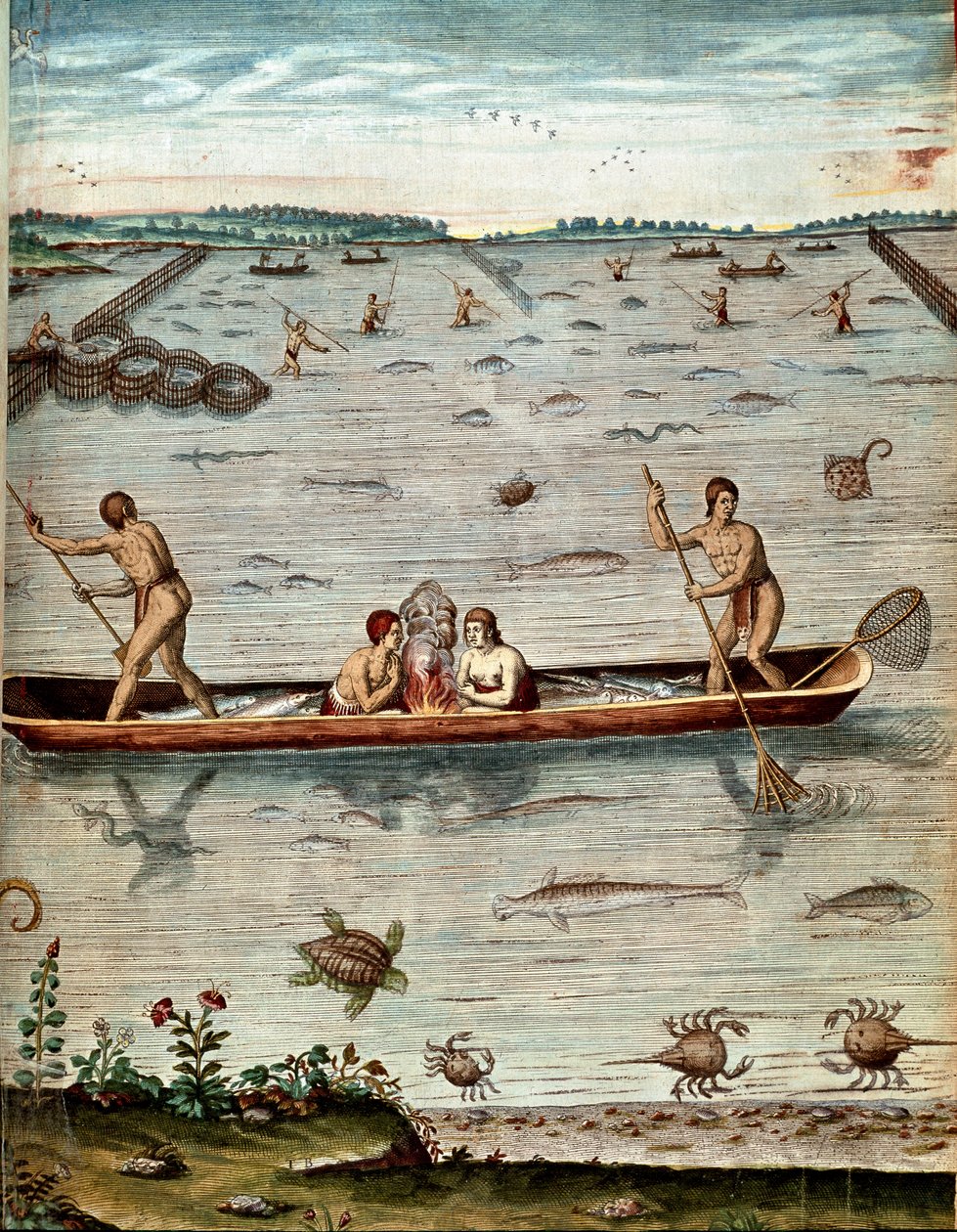 Historie Ameriky: „“rybaření mezi obyvateli Virginie““ Ve vodě želv, krabů a různých druhů ryb. Rytina z „Admirable Narrative Americae““ od Theodora de Bry (1528-1598) od Theodore de Bry