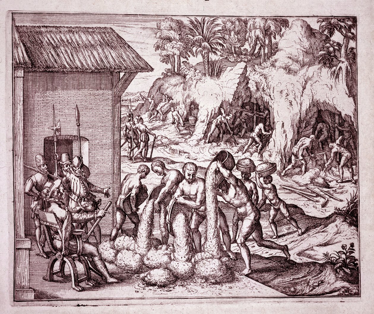 Historie Ameriky: Španělé využívají zlaté doly (rytina od Theodore de Bry
