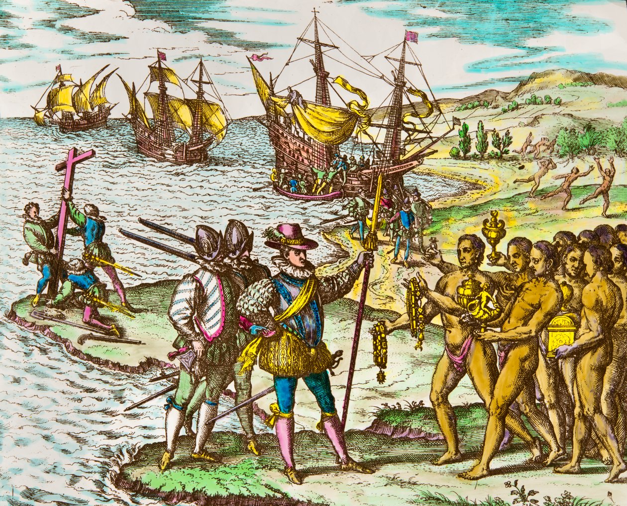 Dějiny Ameriky: objevitel Kryštof Kolumbus (1451-1506) je vítán Indiány při jeho příchodu do Nového světa”” Rytina Theodora De Bry (1528-1598) Rytina 16. století od Theodore de Bry