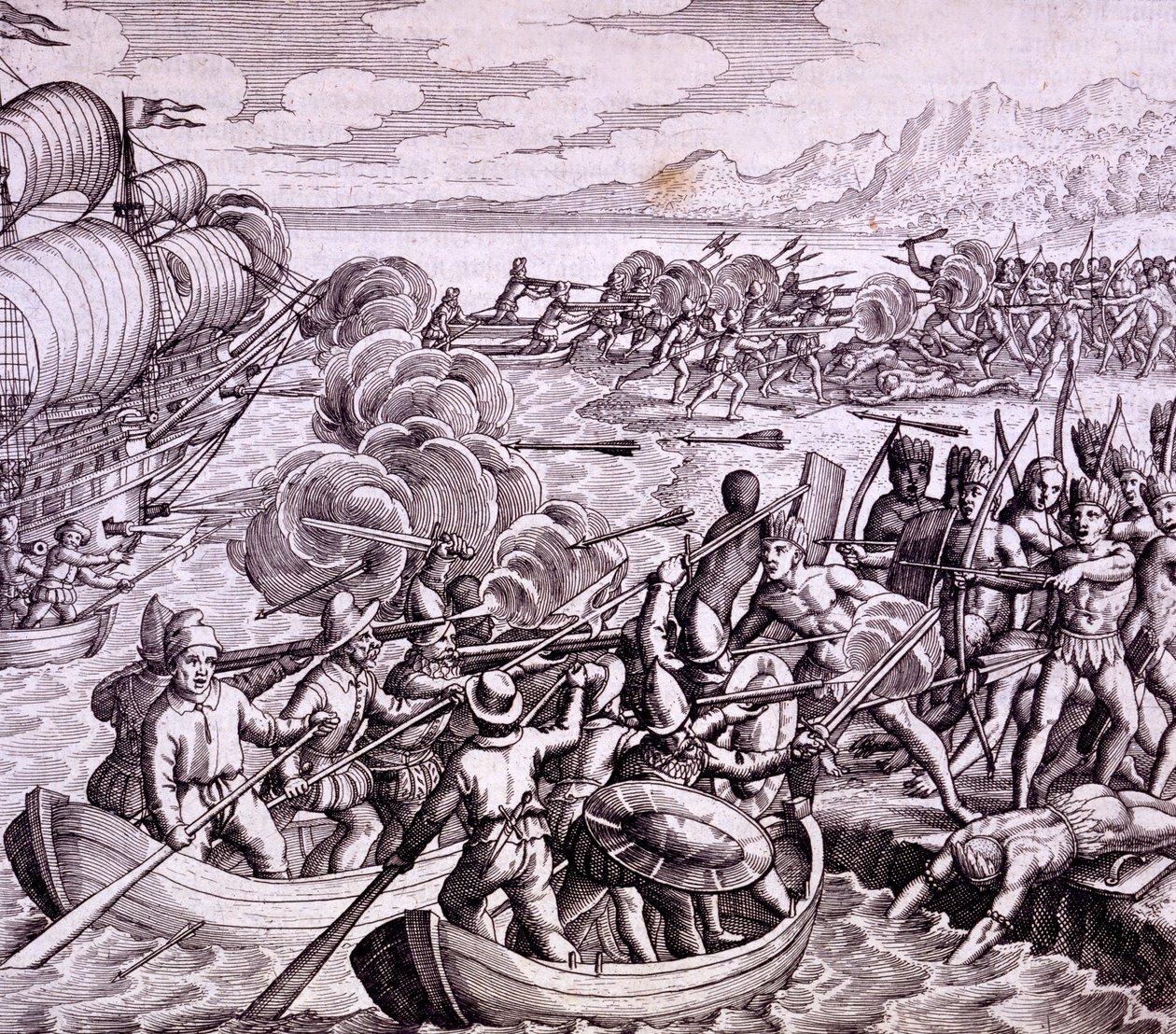 Jak se Španělé vylodili na ostrově Haiti se 400 muži, což vedlo k velké bitvě s domorodci, ilustrace z "Vespucciho cesty do Západní Indie". od Theodore de Bry