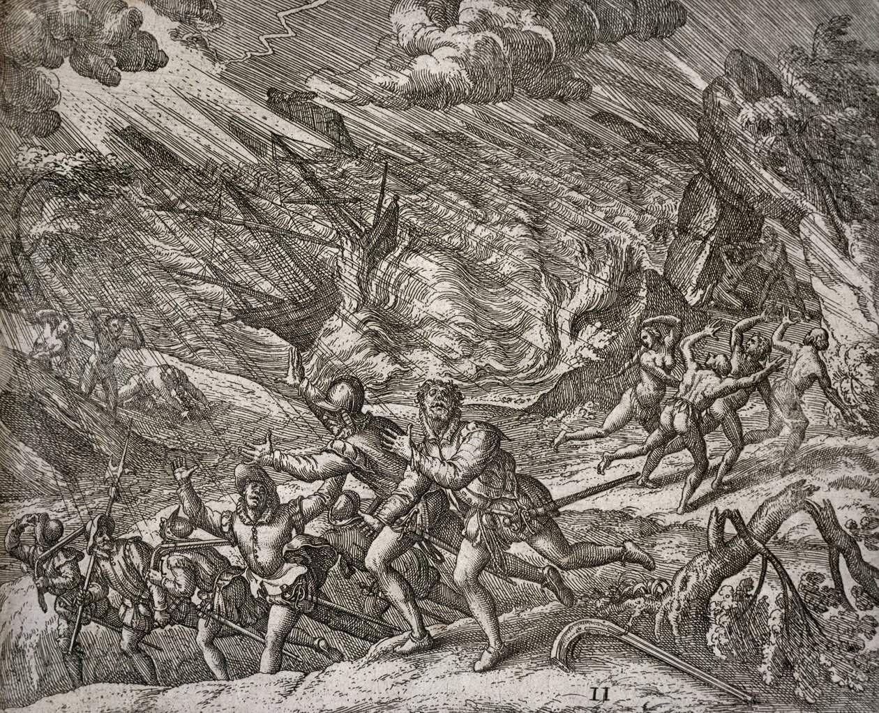 Hurikán potápějící Santa Maria, karavel Kryštofa Kolumba od Theodore de Bry