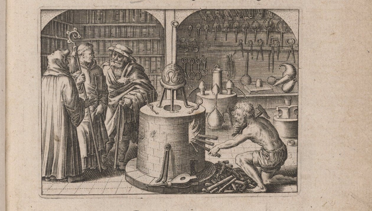 Ilustrace pro Tripus Avrevs, tedy tři pojednání vybraných chemiků.., 1618 od Theodore de Bry