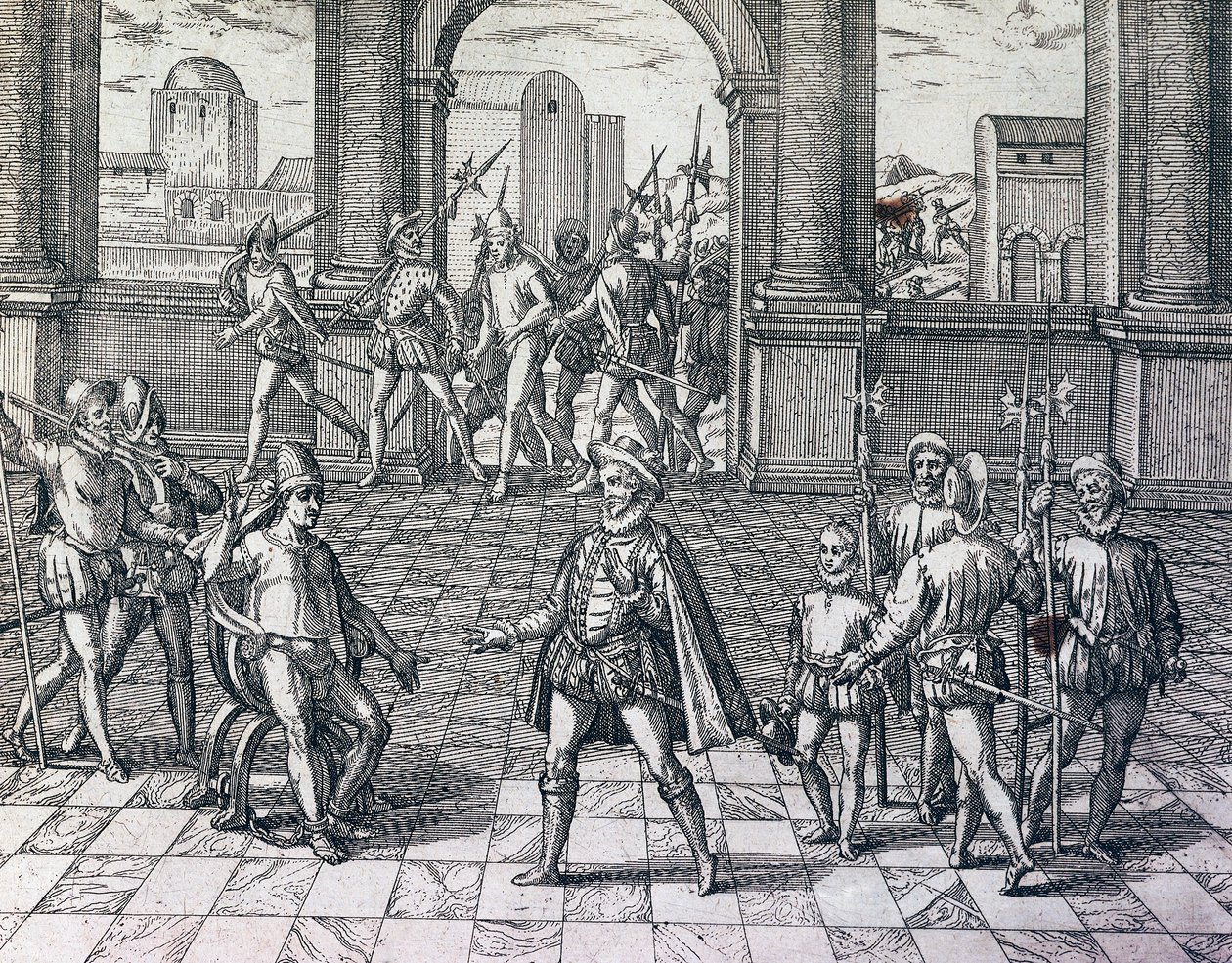 Incký císař Atahualpa byl zajat Španěly v Cajamarca, Peru, rytina z americké historie od Theodora de Bry (1528-1598), Frankfurt od Theodore de Bry