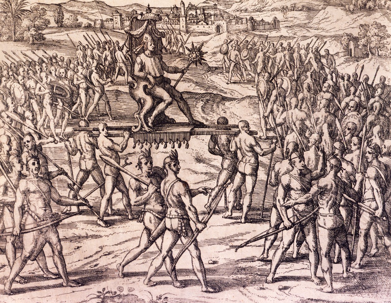 Incký císař Atahualpa poražený španělskými jednotkami Francisca Pizarra (1475-cca 1541), Peru, rytina z americké historie od Theodora de Bry (1528-1598), Frankfurt od Theodore de Bry