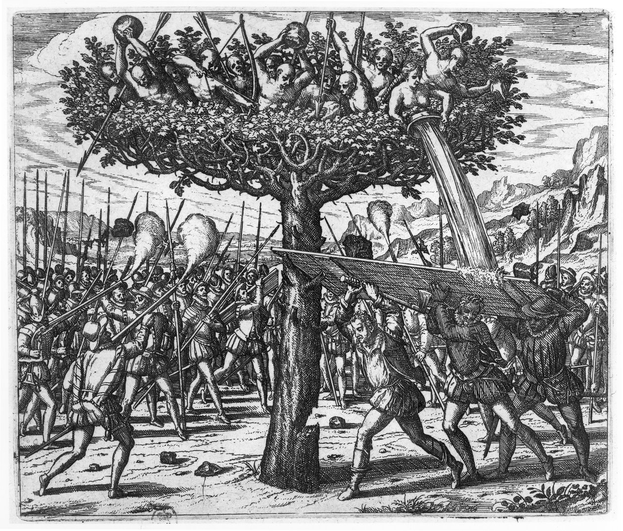 Indiáni ve stromě vrhají projektily na Španěly od Theodore de Bry