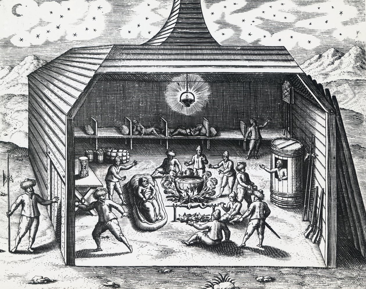Interiér zimního domova Williama Barentse (asi 1550-1597) v ruském souostroví Novaja Zemlya, od Theodora de Bry (1528-1598), rytina od Theodore de Bry