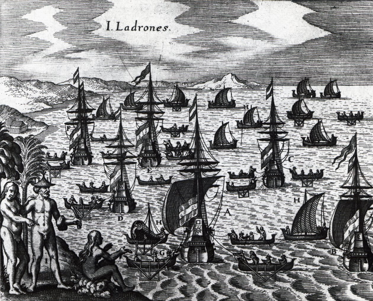 Ostrovy zlodějů (Islas de los Ladrones, dnes ostrovy Marianas), rytina z Peregrinationes, od Theodora de Bry (1528-1598). 16. století od Theodore de Bry