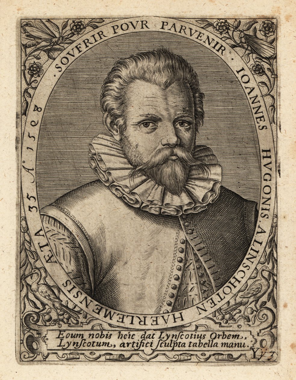 Jan Huyghen van Linschoten, holandský protestantský obchodník. od Theodore de Bry