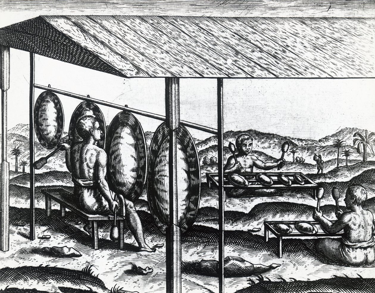 Jávské hudební nástroje, Theodor de Bry (1528-1598), rytina od Theodore de Bry