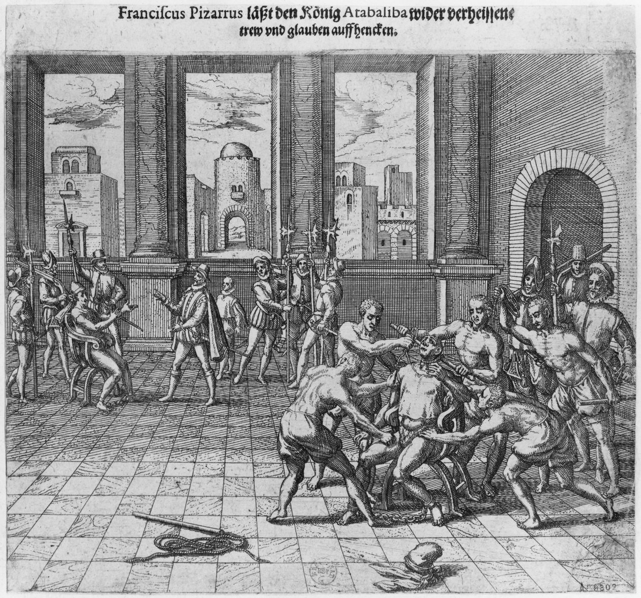 Král Atahualpa (asi 1502-33) popraven v Cajamarca na příkaz Francisca Pizarra, 1533 od Theodore de Bry