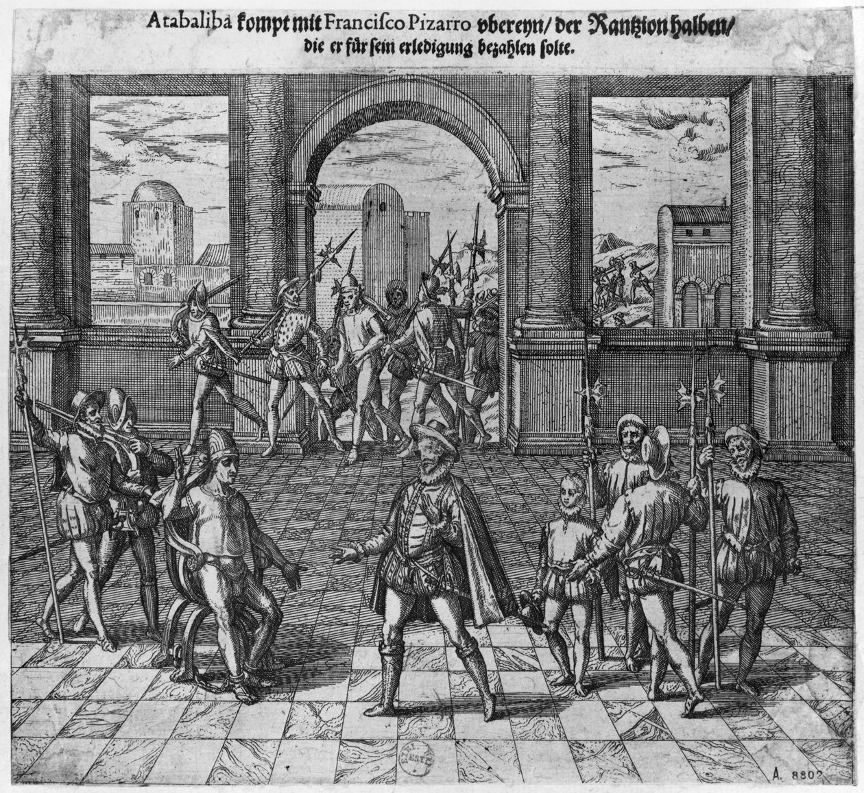 Král Atahualpa (asi 1502-33) léčí své výkupné s Franciscem Pizarrem, 1533 (rytina) (černobílá fotografie) od Theodore de Bry