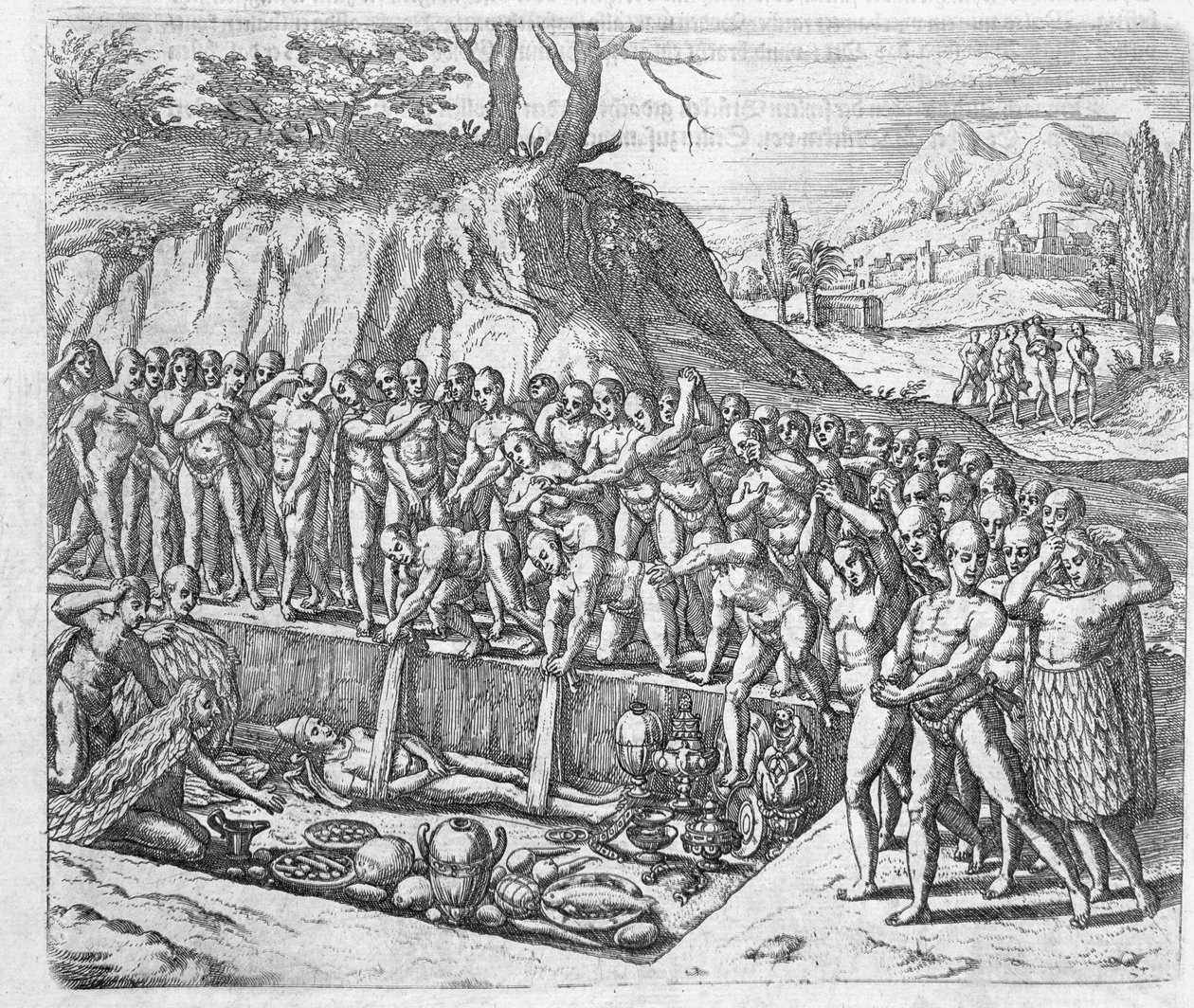 Metoda pohřbívání peruánských králů a šlechty z vyprávění Girolama Benzoniho o dobytí Peru, z „Newe Welt und Americanische Historien“ od Johanna Ludwiga Gottfrieda, vydal Mattaeus od Theodore de Bry