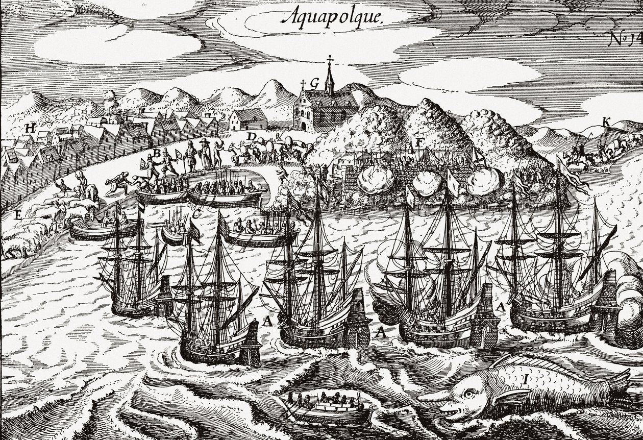 Mexiko, Pohled na Acapulco - Mexiko (Aquapolque), Theodore de Bry, ca. 1630. Raný pohled na koloniální osadu v Acapulcu, kterou Španělé používali jako hlavní přístav pro svůj tichomořský obchod s Filipínami. Přístav je plný galeon a lar od Theodore de Bry