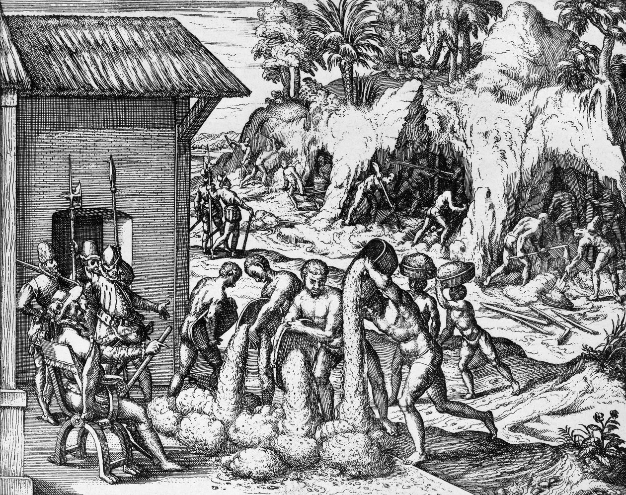 Těžba nerostů ve Střední a Jižní Americe, rytina z Americae pars V, Theodor de Bry (1561-1623) od Theodore de Bry