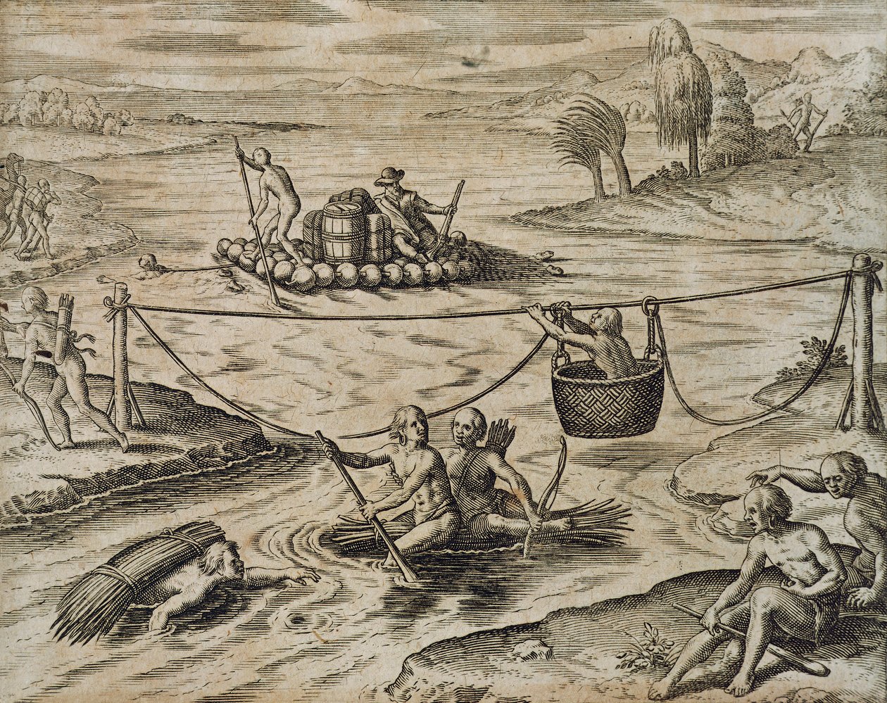 Indiáni jdoucí dolů River Rapids, Theodore de Bry od Theodore de Bry