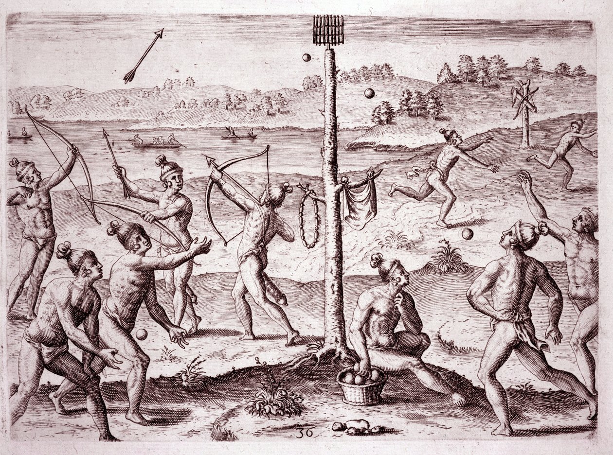 Domorodí Američané cvičí běh, střílení šípů a házení míčem, Florida (Graving od Theodore de Bry