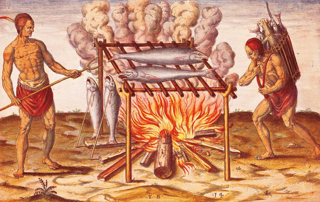 Domorodci žijí: Jak indiáni vaří ryby, ilustrace z Admiranda Narratio od Theodora De Bryho od Theodore de Bry