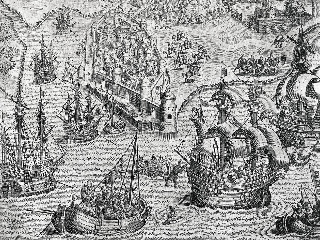 Námořní bitva, rytina z americké historie od Theodora de Bry (1528-1598), Frankfurt od Theodore de Bry