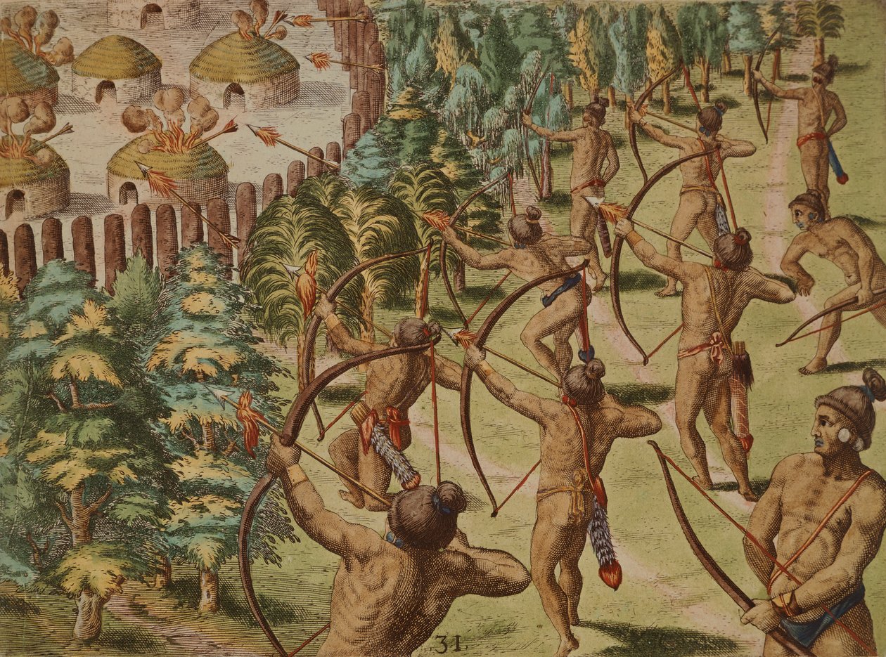 Noční útok na indickou vesnici s planoucími šípy od Theodore de Bry