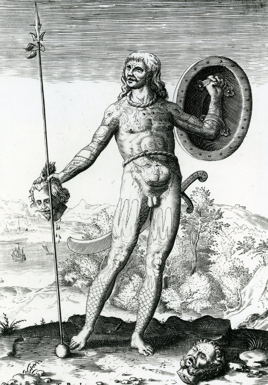 Piktický muž držící lidskou hlavu od Theodore de Bry