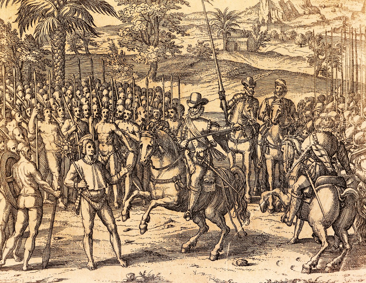 Pizarro je vítán domorodci, ilustrace z americké historie Theodore de Bry od Theodore de Bry