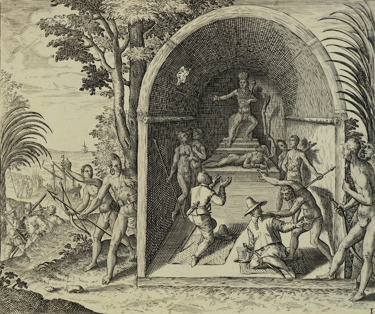 Portugalští navigátoři přijíždějící do Etiopie, Ilustrace z východní Indie od Antonia Pigafetty, Theodore de Bry od Theodore de Bry