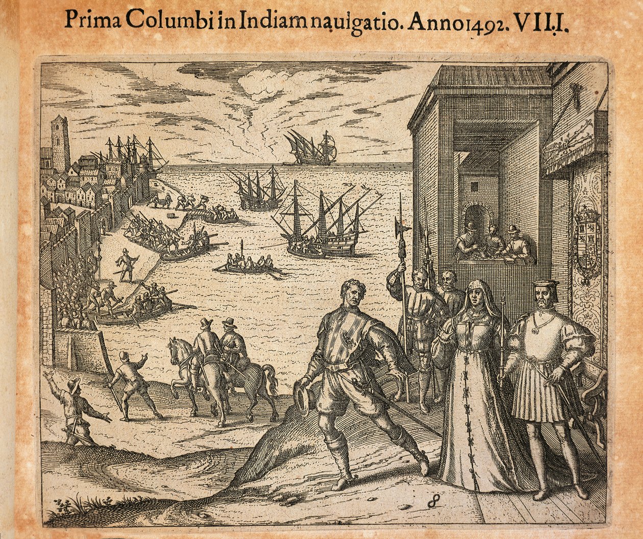 Královna Isabela a král Ferdinand vítají odjezd Kryštofa Kolumba v Palos, Španělsko, rytina Theodora de Bry (1528-1598) od Theodore de Bry