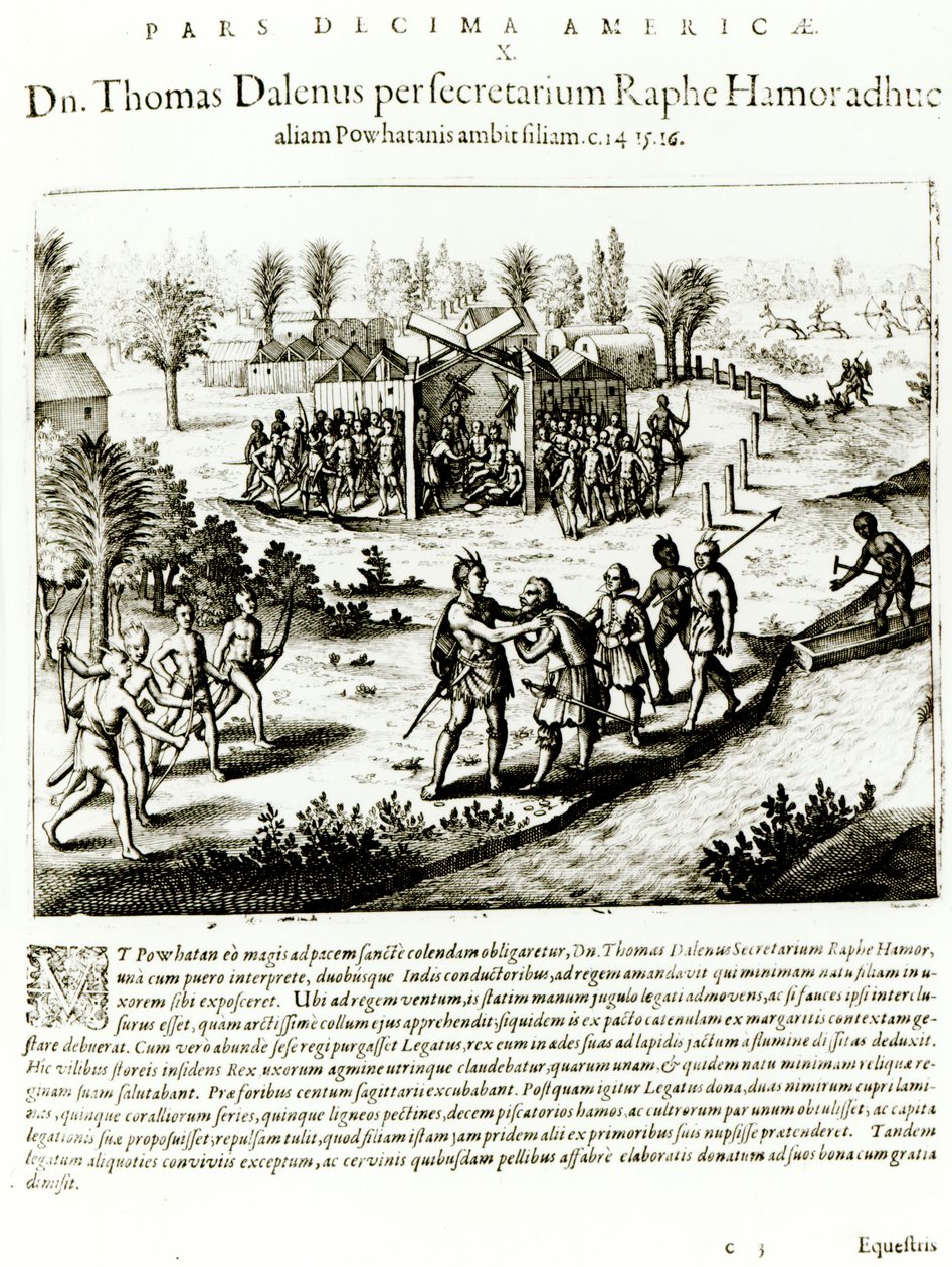 Ralph Hamor navštěvuje Powhatan, 1619 (rytina) (černobílá fotografie) od Theodore de Bry