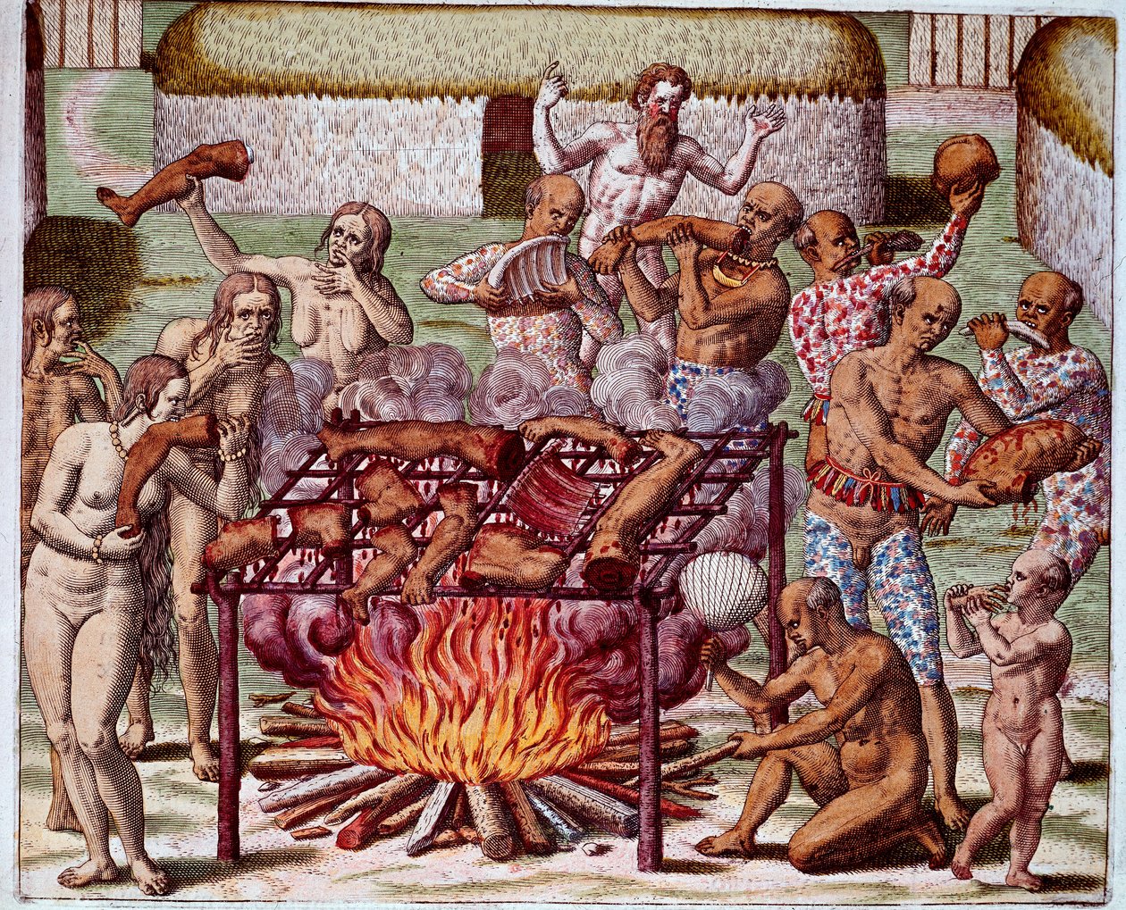 Scéna kanibalismu v Brazílii Indiáni požírali své nepřátele a vězně. Rytina z „Admirante Narratio Americae““ od Theodora de Bry (1528-1598) od Theodore de Bry