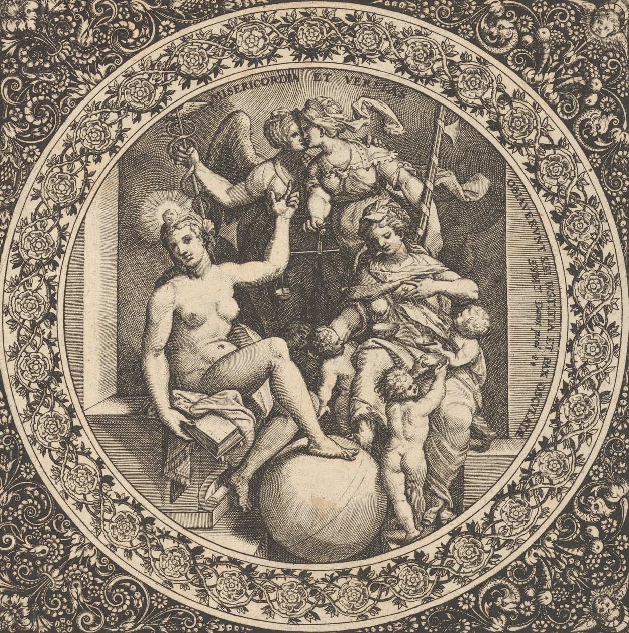 Scéna s Misericordia a Veritas v kruhu ve středu, 1580-1600. od Theodore de Bry