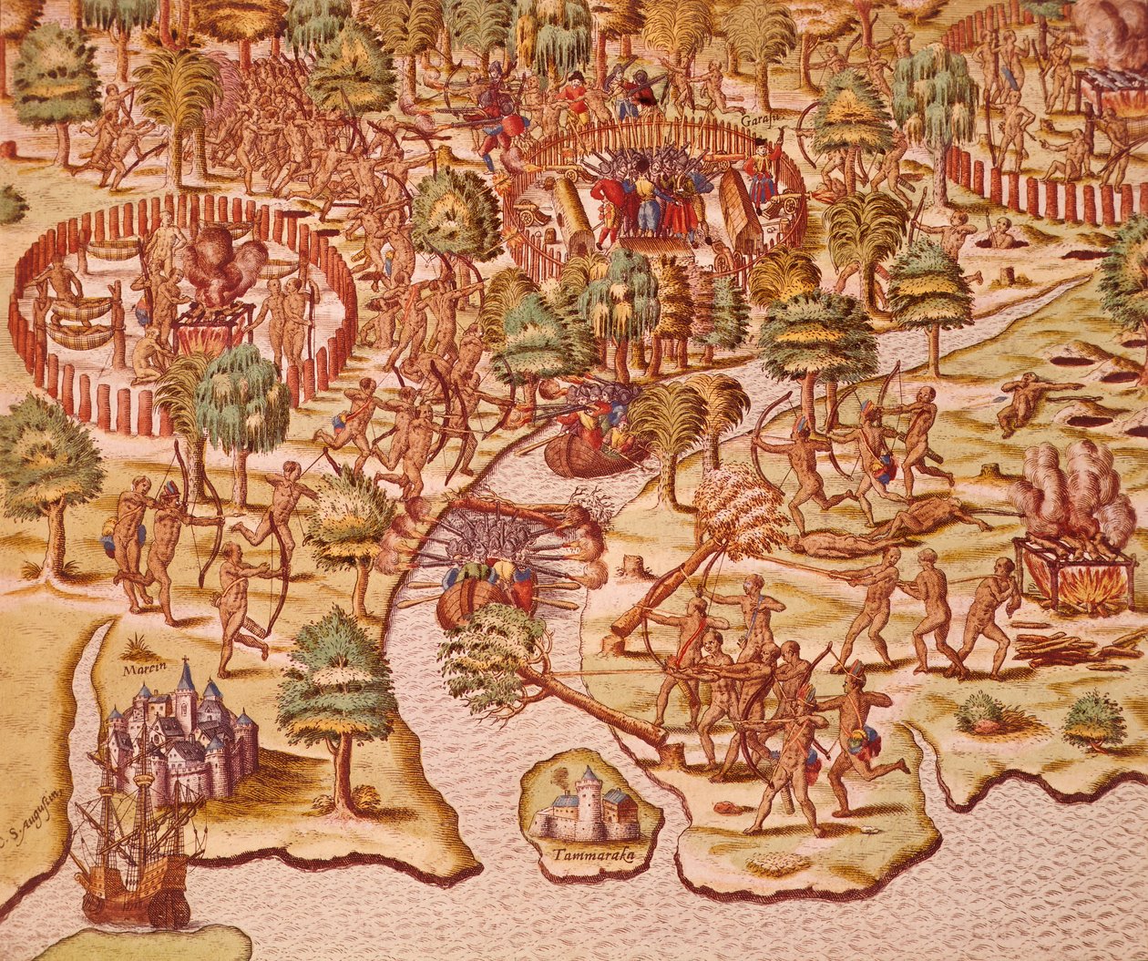Obléhací a útočná taktika ve střetech mezi domorodci a dobyvateli od Theodore de Bry