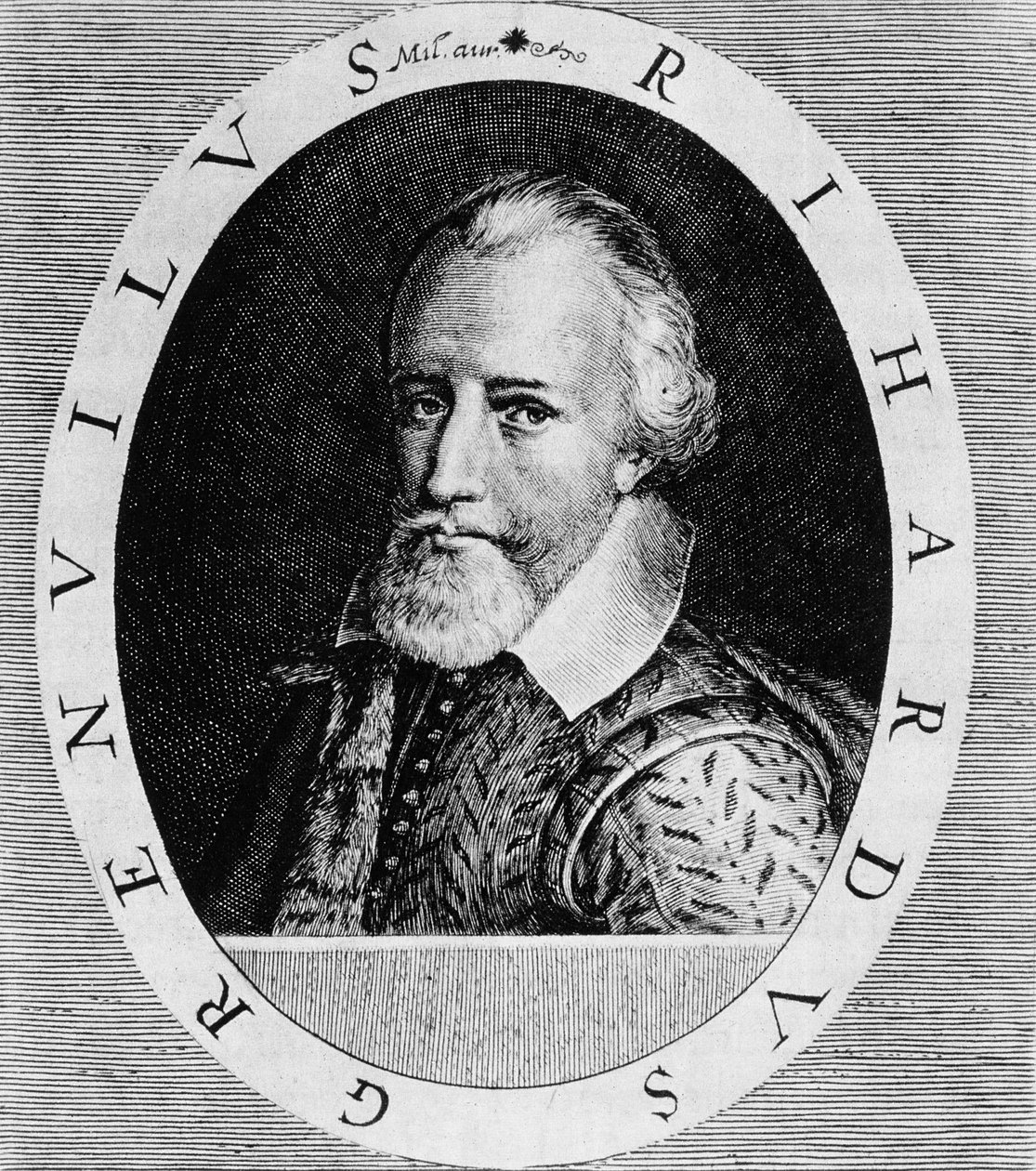 Sir Richard Grenville (asi 1541-91), z knihy "Newe Welt und Americanische Historien" od Johanna Ludwiga Gottfrieda, vydal Mattaeus Merian, Frankfurt, 1631. od Theodore de Bry