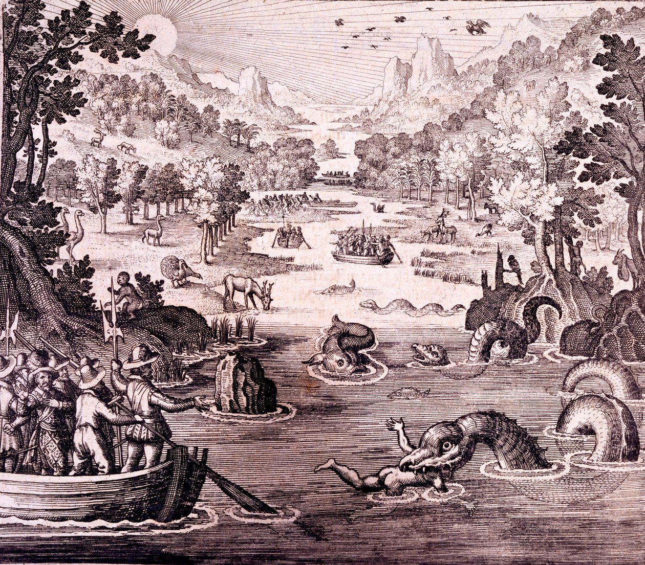 Sir Walter Raleigh: Objev velkého, bohatého a krásného impéria Guayany, z „Newe Weld un Americanische Historien“, od Johanna Ludwiga Gottfrieda, 1631 od Theodore de Bry