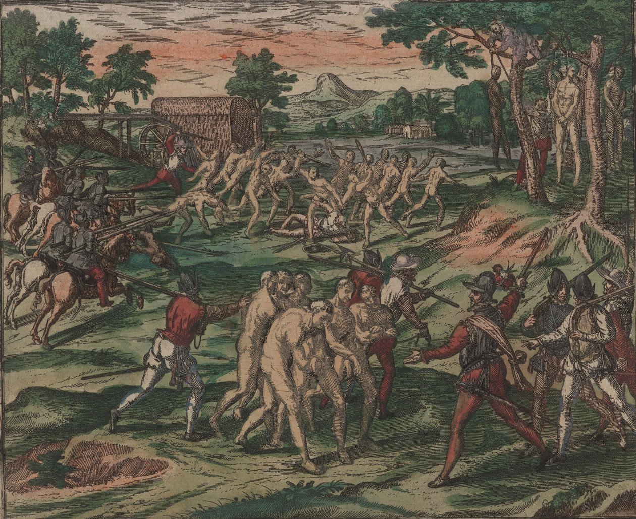 Otroci se pokoušejí překonat své španělské vlastníky, ale jsou zajati a oběšeni na stromech, 1595. od Theodore de Bry