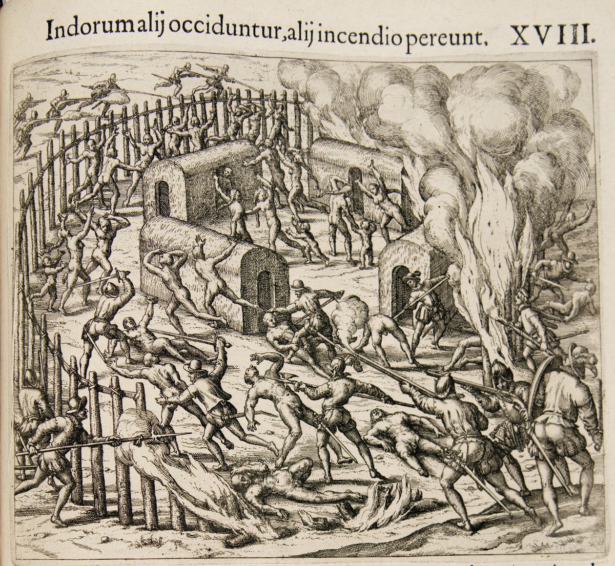 Někteří Indiáni jsou zabiti, někteří zahynou při požáru. Od: Americae pars qvarta od Theodore de Bry