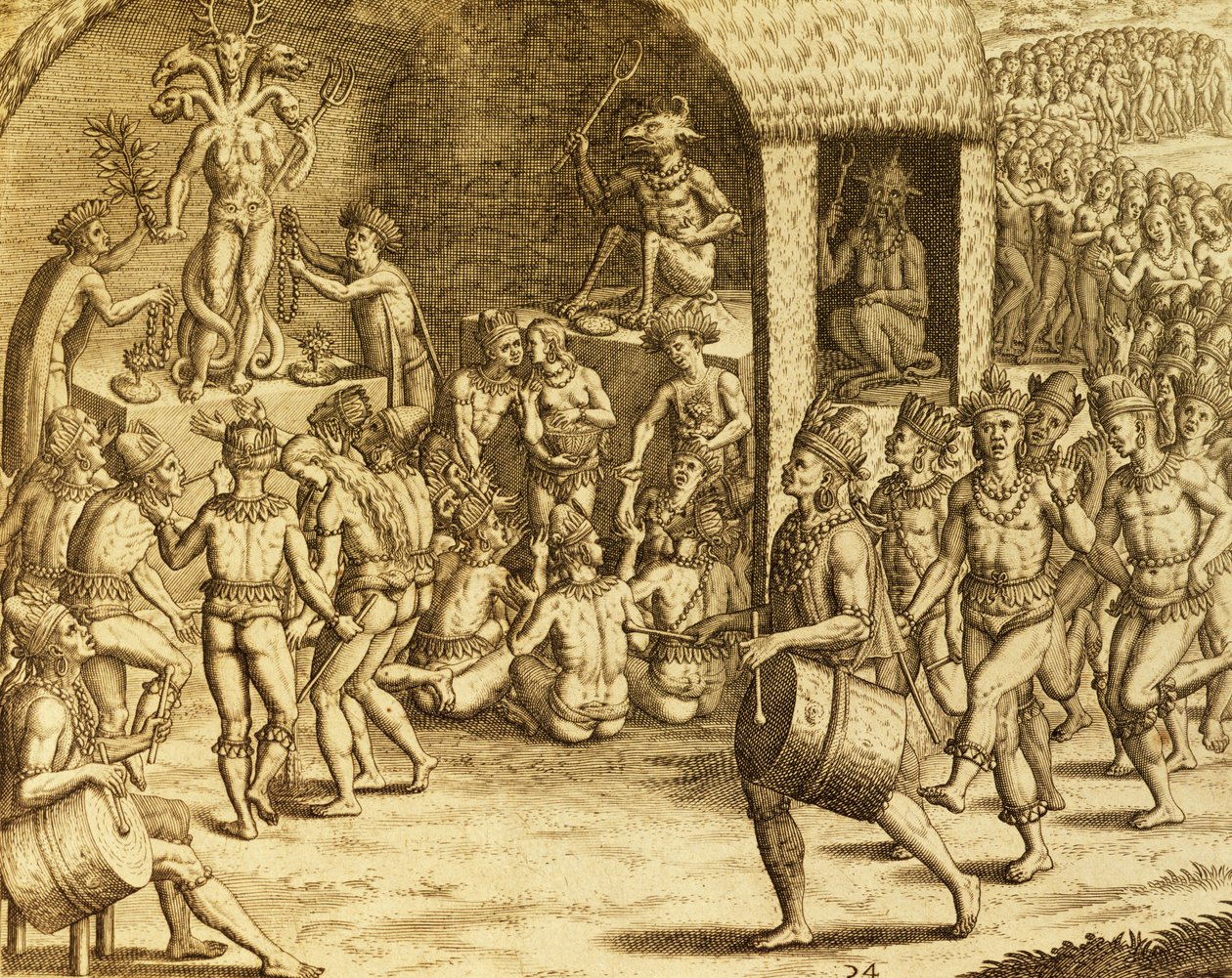 Jihoamerický domorodý náboženský rituál, rytina z Historia americae, Theodor de Bry (1528-1598), Frankfurt od Theodore de Bry