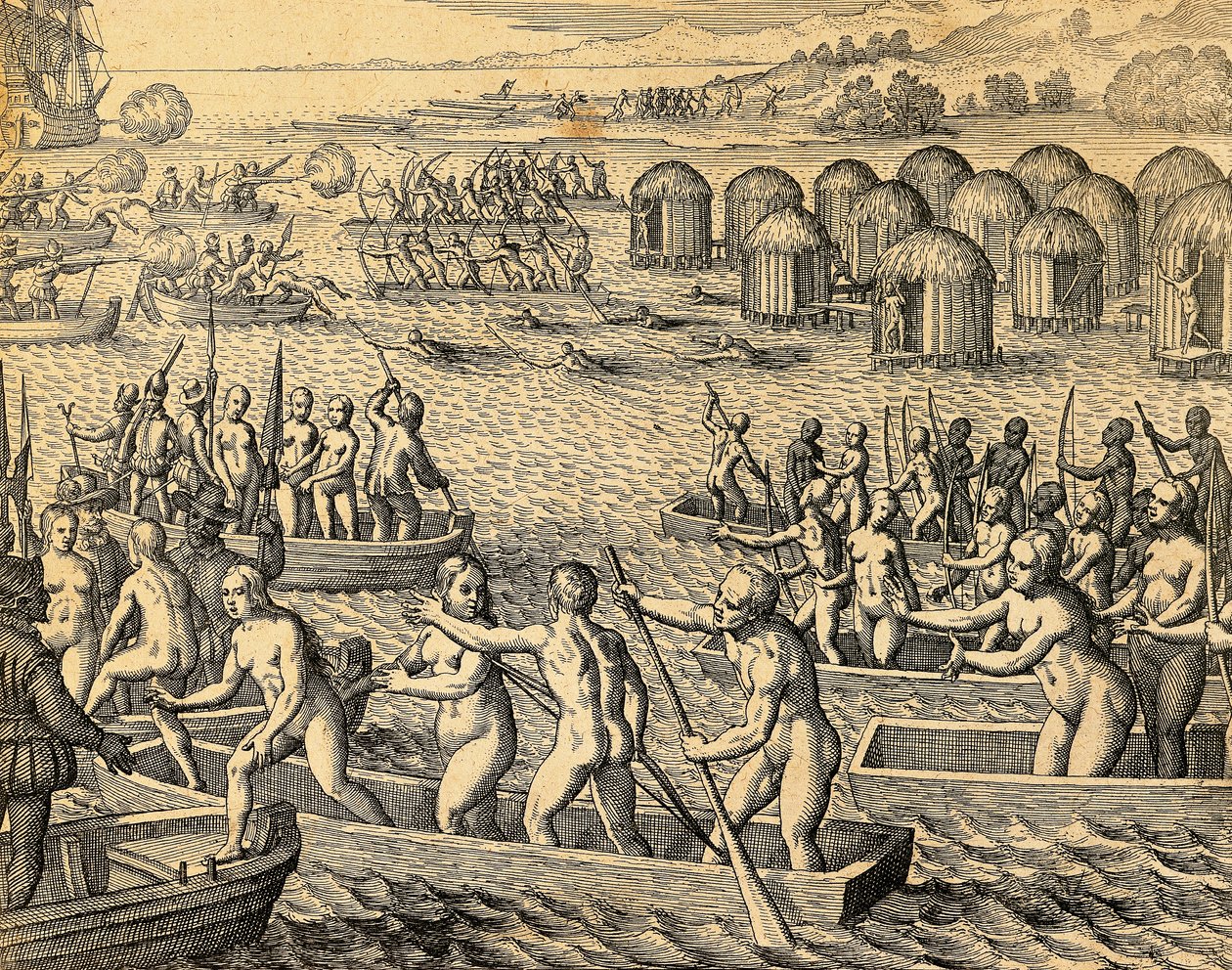 Jihoameričtí domorodci útočící na lodě dobyvatelů od Theodore de Bry