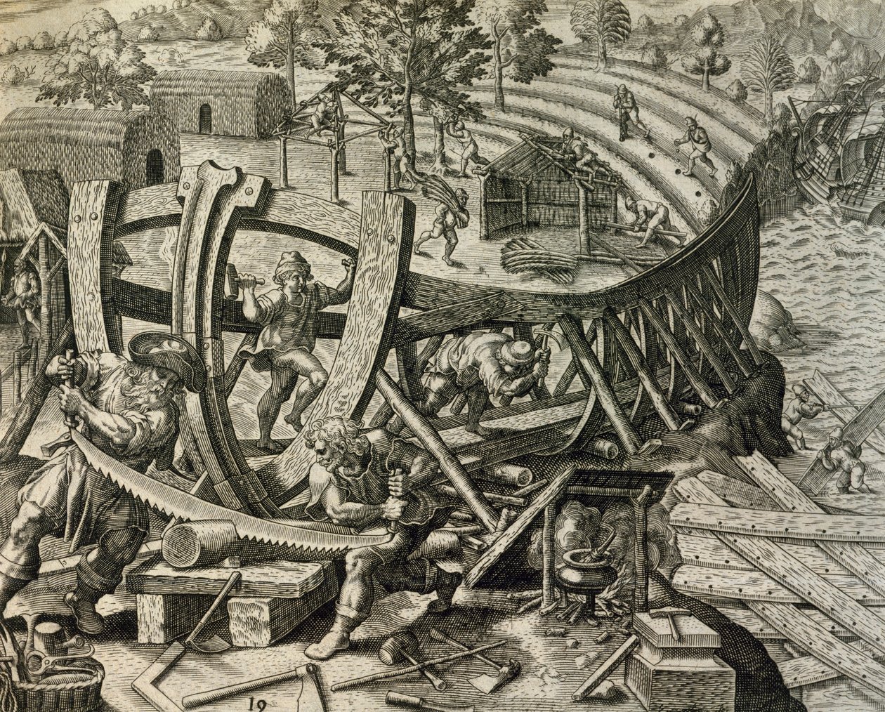 Španělští námořníci staví karavelu, rytina z Historia Americae, Theodor de Bry (1528-1598) od Theodore de Bry