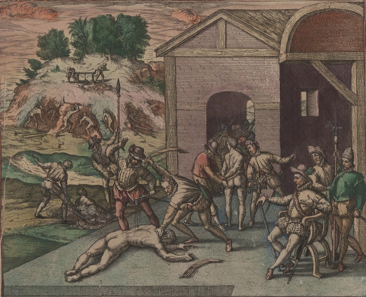 Španělští vojáci pozorují a vykonávají trest otroka, 1595. od Theodore de Bry